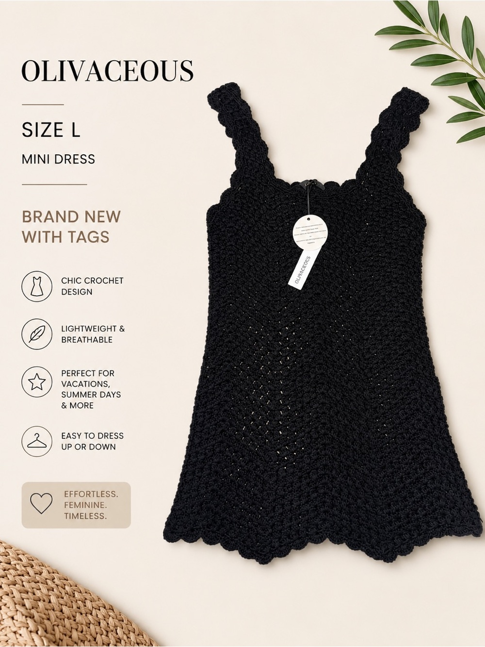 Olivaceous Black Crochet Sundress with Scalloped Straps